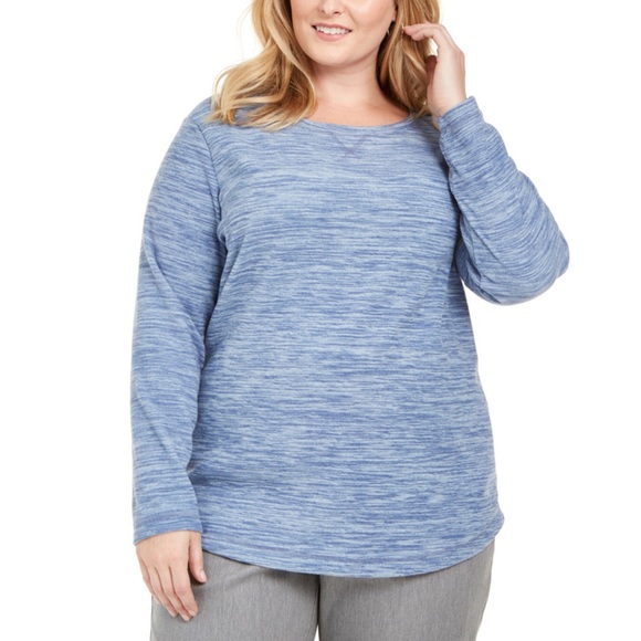 Karen Scott Tops - 0X 1X Light Blue Heather Microfleece Top Plus Size